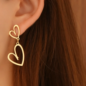 Boucles D'oreilles Pendantes Double Cœur En Acier Inoxydable Pendentif Géométrique Creux Bijoux Mode Femmes Quotidien