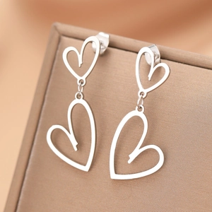 Boucles d'oreilles pendantes double cœur en acier inoxydable argenté pour femmes