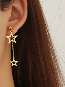 Gros plan d'élégantes boucles d'oreilles étoiles en acier inoxydable doré sur un mannequin