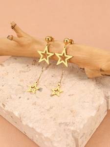 Détail des boucles d'oreilles étoiles dorées en acier inoxydable sur bois et fond de pierre