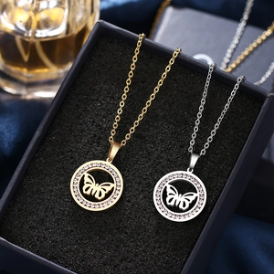 Hollow Butterfly Pendant Necklace With Stainless Steel O-Chain Rhinestone Pave Circle Fashion Jewelry For Women