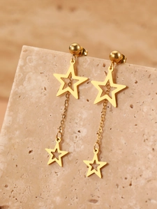 Détail de boucles d'oreilles étoiles dorées en acier inoxydable sur pierre décor