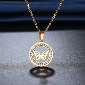 Golden titanium steel butterfly pendant necklace with pave set crystals on a link chain