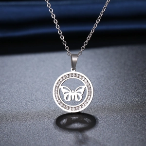 Silver butterfly pendant necklace with crystal encrusted frame on stainless steel chain