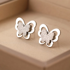 Boucles d'oreilles papillon givrées en acier inoxydable argenté avec double couche