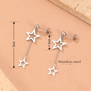 Boucles d'oreilles en acier inoxydable avec doubles étoiles et chaîne de 5cm