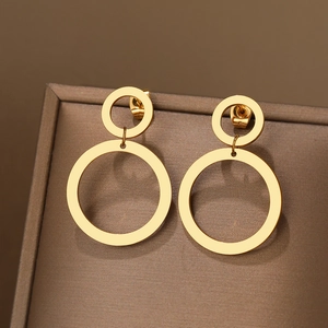 Polished gold double circular geometric drop earrings made of stainless steel for women