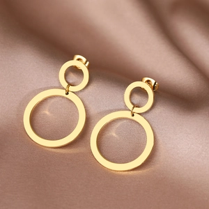 Polished gold-plated stainless steel double round interlocking geometric earrings for women