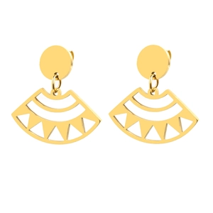 Detailed view of gold plated hollow fan-shaped drop earrings with geometric patterns