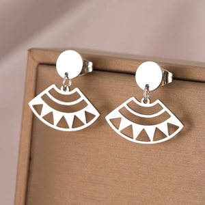 Exaggerated silver geometric fan-shaped hollow drop earrings for women in stainless steel