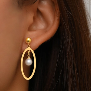 Boucles D'oreilles Pendantes Géométriques Ovales Minimalistes Acier Inoxydable Avec Faux Künstliche Perles Bijoux Pour Femmes