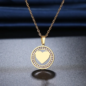 Collier cœur doré poli avec pendentif cercle en strass brillants sur chaîne en O