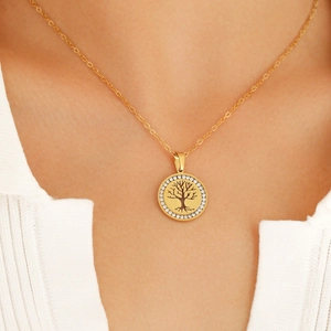 Collana Con Ciondolo Albero Della Vita Acciaio Inossidabile Zirconi Moneta Rotonda Intarsiata Gioielli Di Moda Eleganti