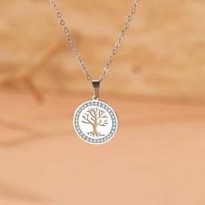 Collana con ciondolo albero della vita in argento con zirconi bianchi e catena a maglia