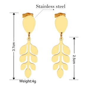 Gold plated stainless steel leaf earrings with 3.7cm length drop and teardrop studs