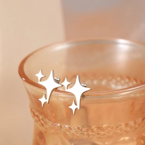 Polished stainless steel starry stud earrings displayed on an amber glass rim