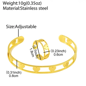 Adjustable stainless steel jewelry set featuring a gold heart hollow bangle and ring