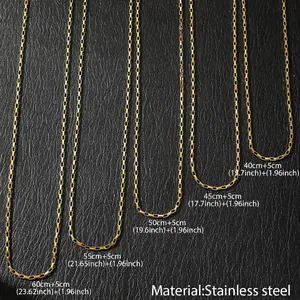 Gold stainless steel Figaro chain necklace size chart showing five different lengths