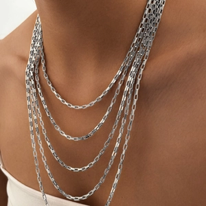 Layered silver titanium steel box chain necklace with elegant metallic luster finish