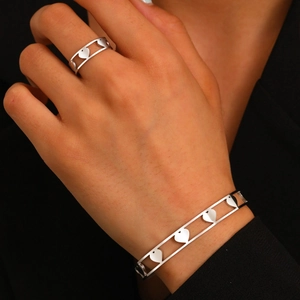 Hollow Heart Shape Adjustable Open Cuff Bangle And Ring Stainless Steel Polished Metal Fashion Jewelry For Women