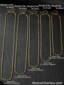 Detailed view of five golden stainless steel box chains in various lengths and weights