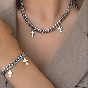 Parure bijoux hip hop avec chaîne cubaine et pendentifs croix en acier inoxydable argenté