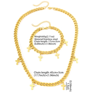 Ensemble collier et bracelet chaîne cubaine dorée avec pendentifs croix en acier