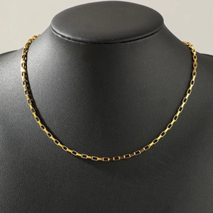 Elegant gold-plated stainless steel box chain necklace displayed on a black neck model