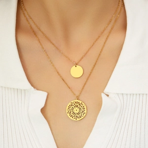 Stainless Steel Double Layer Mandala Hollow Disc Pendant Necklace For Women Vintage Geometric Round Plate Necklace Jewelry