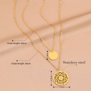 Double-layered gold stainless steel necklace featuring smooth and hollow circular pendants