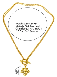 Detail of maple leaf pendant on stainless steel chain with OT toggle clasp and measurements