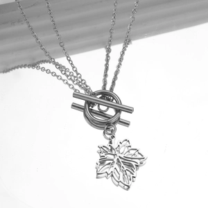 Silver maple leaf pendant necklace with toggle clasp on stainless steel thick chain