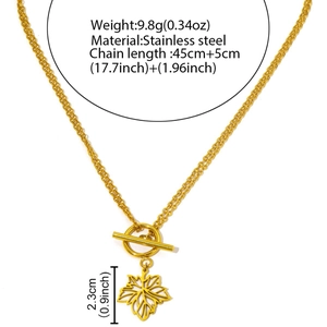 Minimalist double layer gold stainless steel chain necklace with maple leaf pendant and OT buckle