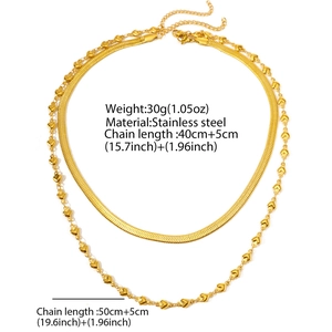 Double-layered stainless steel snake bone and heart link necklace in golden finish