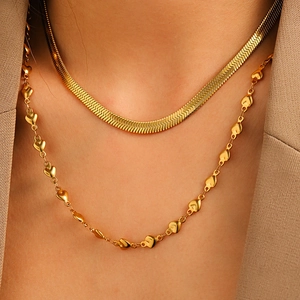 Stainless Steel Double Layer Necklace Set Herringbone Blade Chain Heart Link Choker For Women Fashion Jewelry