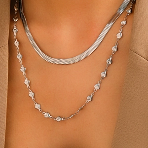 Silver double layer necklace set featuring a flat herringbone chain and heart link choker
