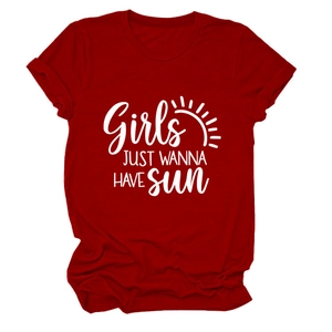 T-shirt femme rouge foncé à col rond avec motif graphique 'Girls JUST WANNA HAVE SUN'