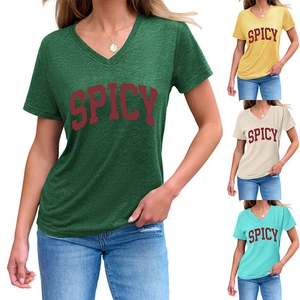 Detail showing various colors of V-neck short sleeve T-shirts with spicy graphic print