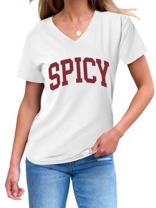 Detail of V-neck white T-shirt featuring bold red Spicy arch lettering on the chest