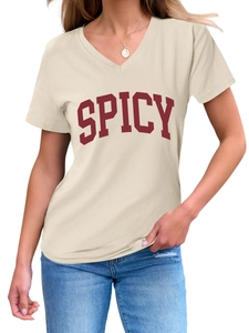 Close-up of beige V-neck T-shirt featuring a red curved SPICY logo and soft cotton texture