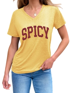 Detail view of yellow V-neck T-shirt featuring bold red SPICY letter print on soft knit fabric