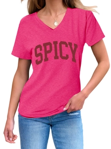 Close-up of women's rose pink V-neck T-shirt with red Spicy collegiate print