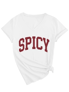 Detail of white V-neck T-shirt featuring red SPICY lettering and stylish front knot design