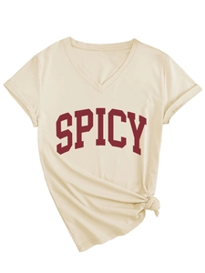 Detail of V-neck short sleeve T-shirt featuring SPICY print and a stylish front hem knot