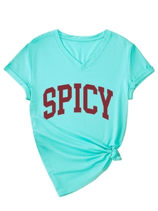 Detail of mint green V-neck T-shirt with Spicy letter print and stylish front knot hem