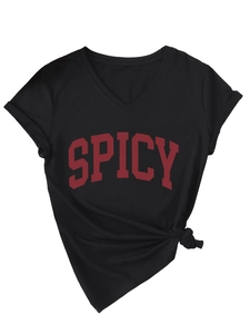 Detail of black V-neck t-shirt with red Spicy lettering and stylish front knot hem design