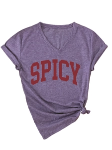 Detail of V-neck heather purple T-shirt with red SPICY lettering and knot hem detail