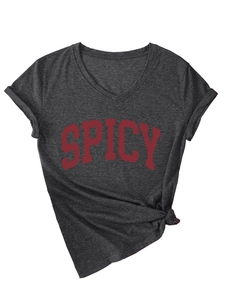 Detail of V-neck charcoal grey t-shirt with red SPICY lettering and side knot design