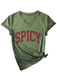 Detail of V-neck dark green T-shirt with red Spicy text and decorative front hem knot