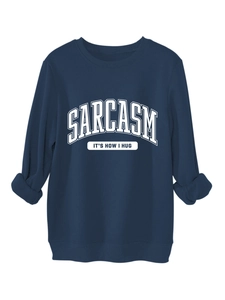 Detail of ribbed cuffs and high-quality fabric on dark blue sarcasm slogan sweatshirt